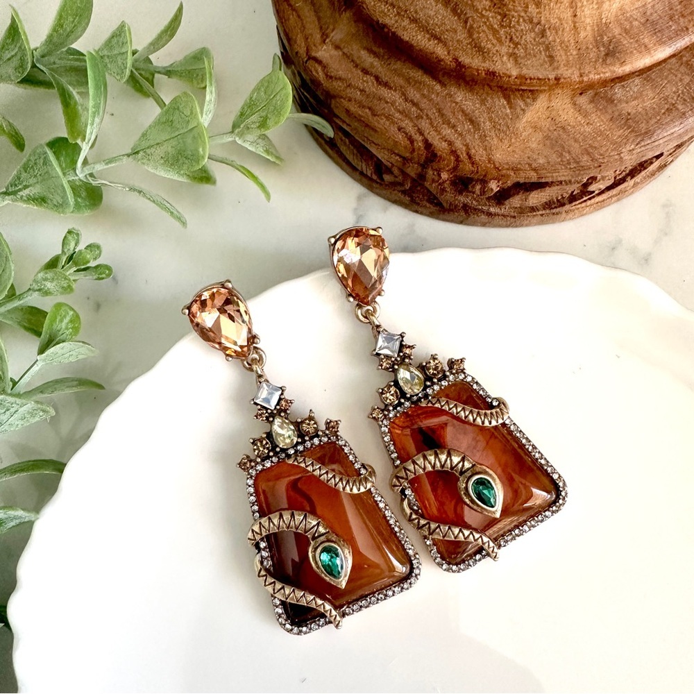 Vintage Style Snake Serpent Faux Amber Acrylic Stone Earrings Gold Tone Gift NEW
